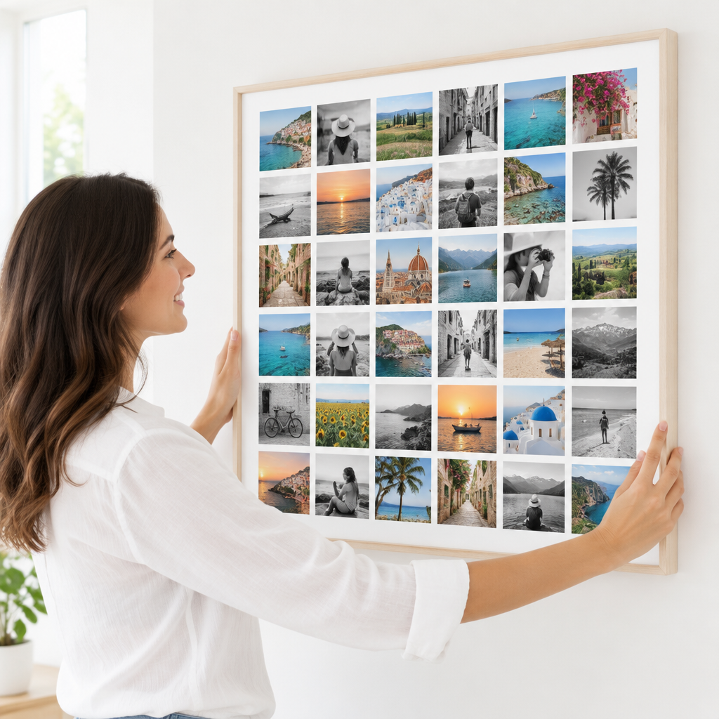 Une femme accroche la toile photo Instawall Canvas Square avec châssis naturel au mur
