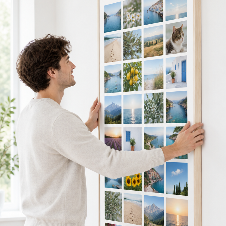 Man hangt de Instawall Canvas Tall fotocanvas met blanke baklijst op aan de muur