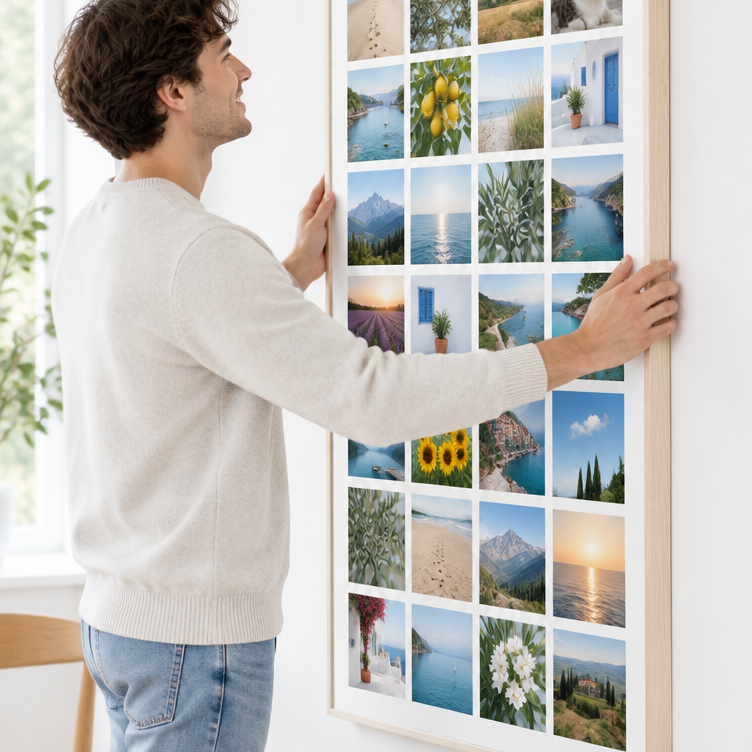 Un homme accroche la toile photo Instawall Canvas Tall avec châssis naturel au mur