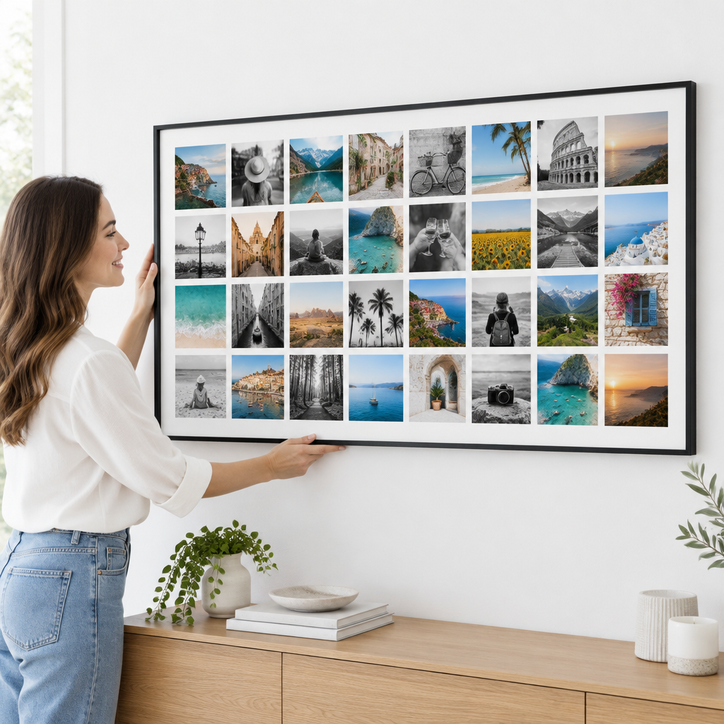 Une femme accroche la toile photo Instawall Canvas Wide avec châssis noir au mur