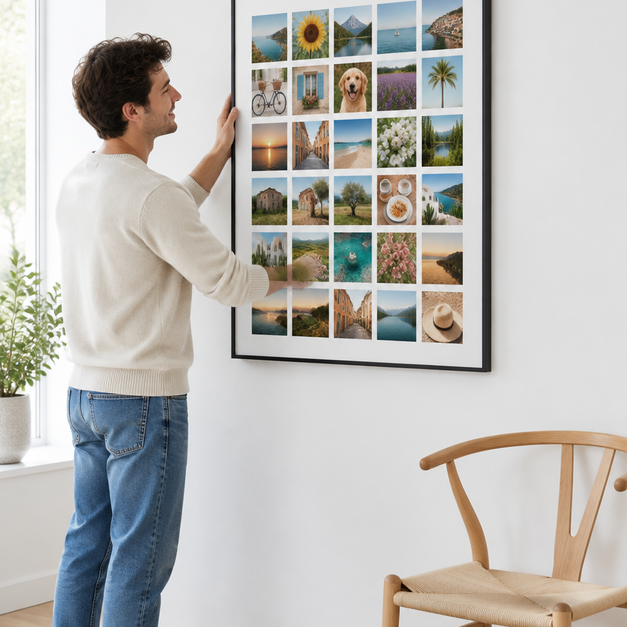 Un homme accroche la grande toile photo Instawall Canvas Portrait avec châssis noir au mur