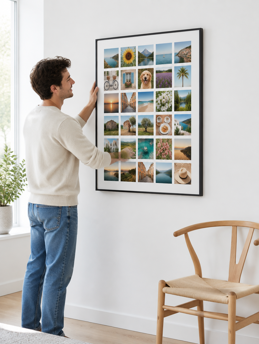 Un homme accroche la grande toile photo Instawall Canvas Portrait avec châssis noir au mur