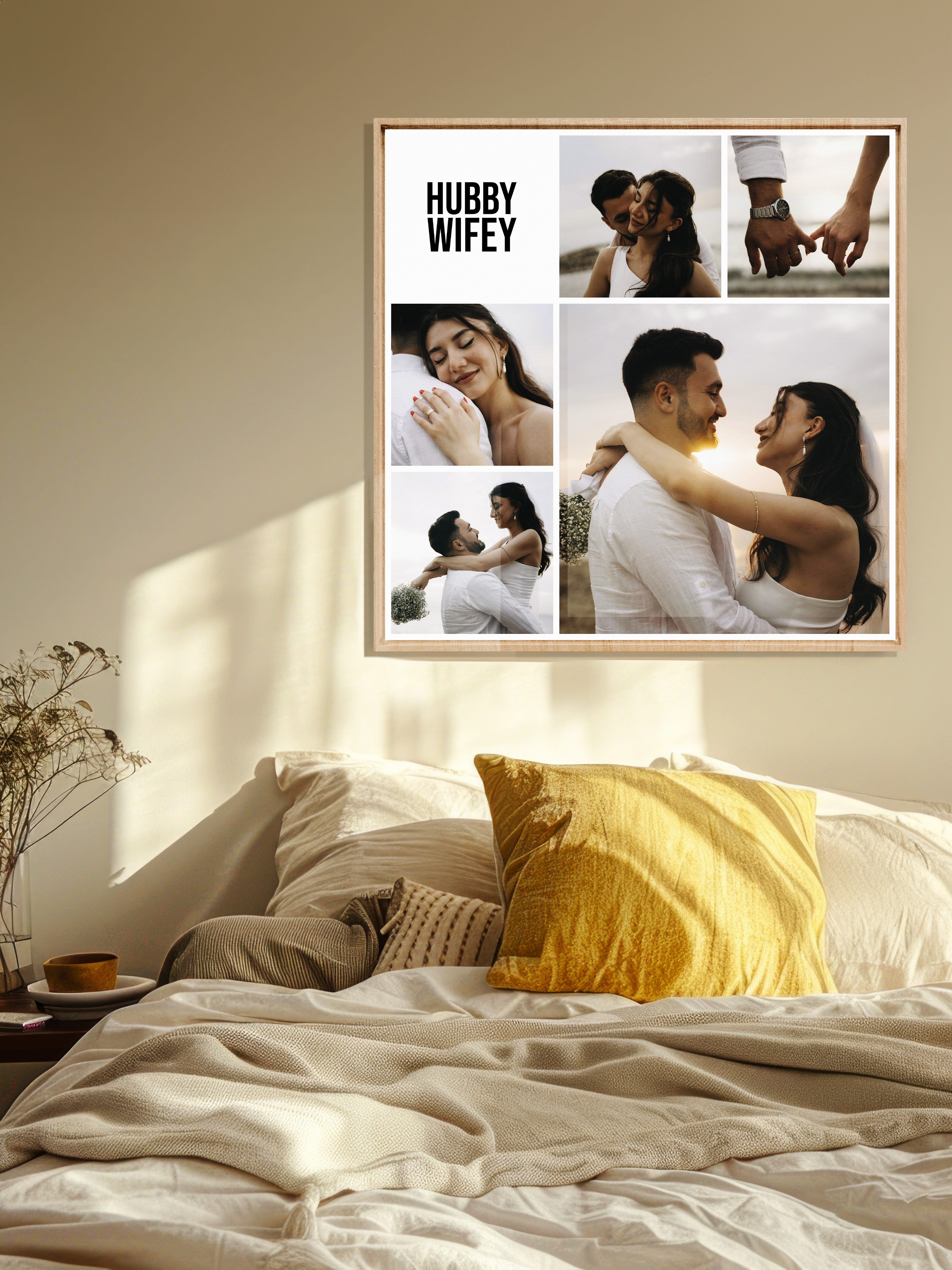Instawall Print fotocollage in een houten baklijst voor slaapkamer