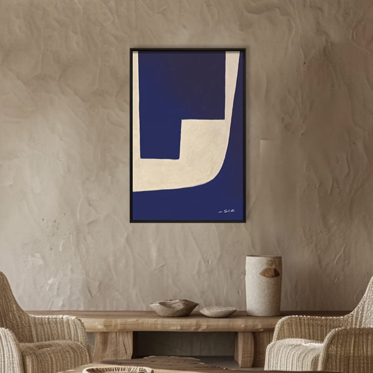 Instawall Akoestisch Deduction abstract blauw-creme wanddecoratie met zwart frame