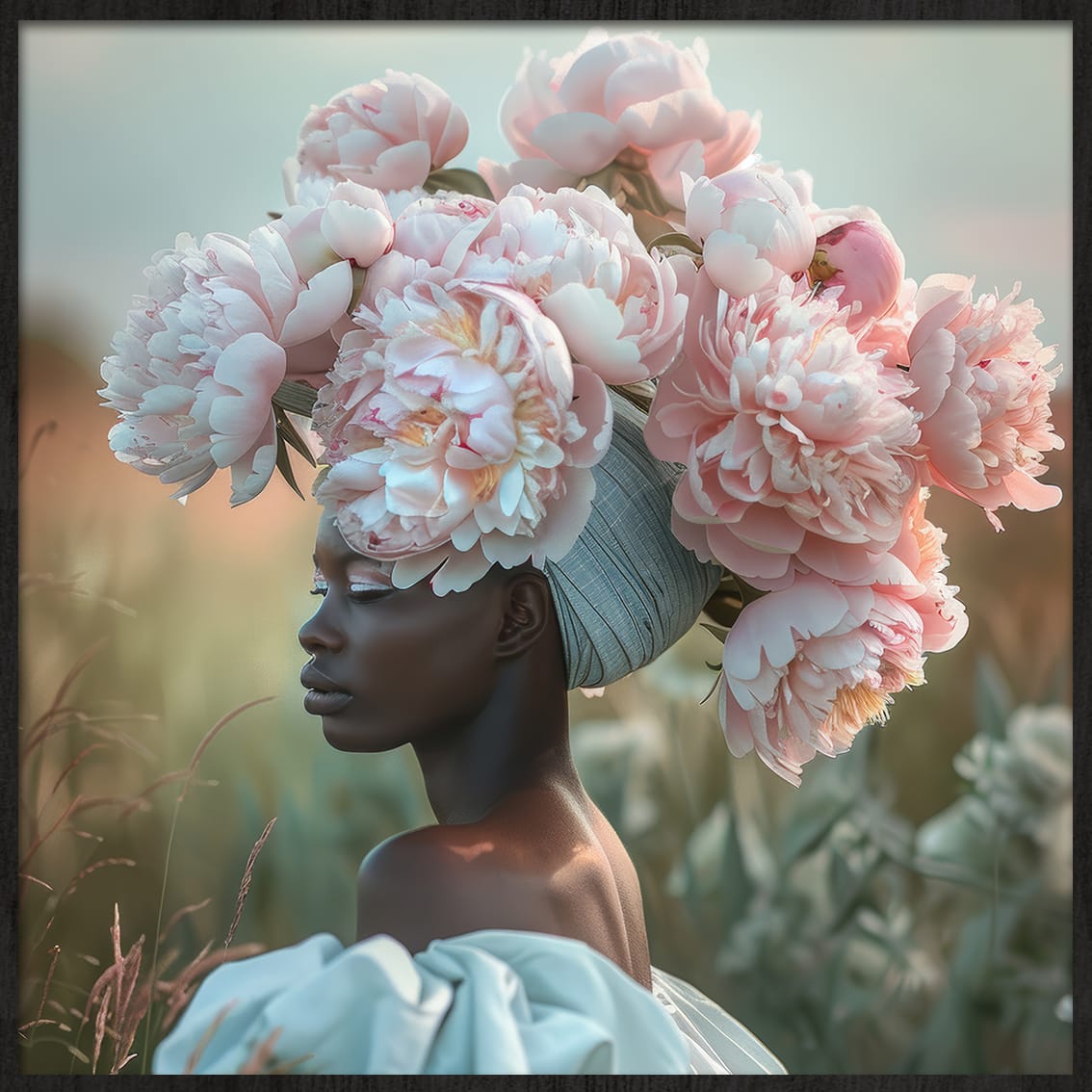 Instawall Akoestisch Peony Queen fotowanddecoratie met grote roze bloemhoofdtooi in een veld