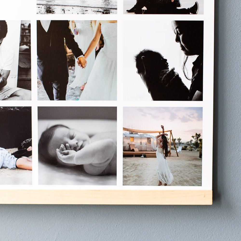 Instawall Print fotocollage op wit wandpaneel met meerdere foto’s in grid en houten lijst