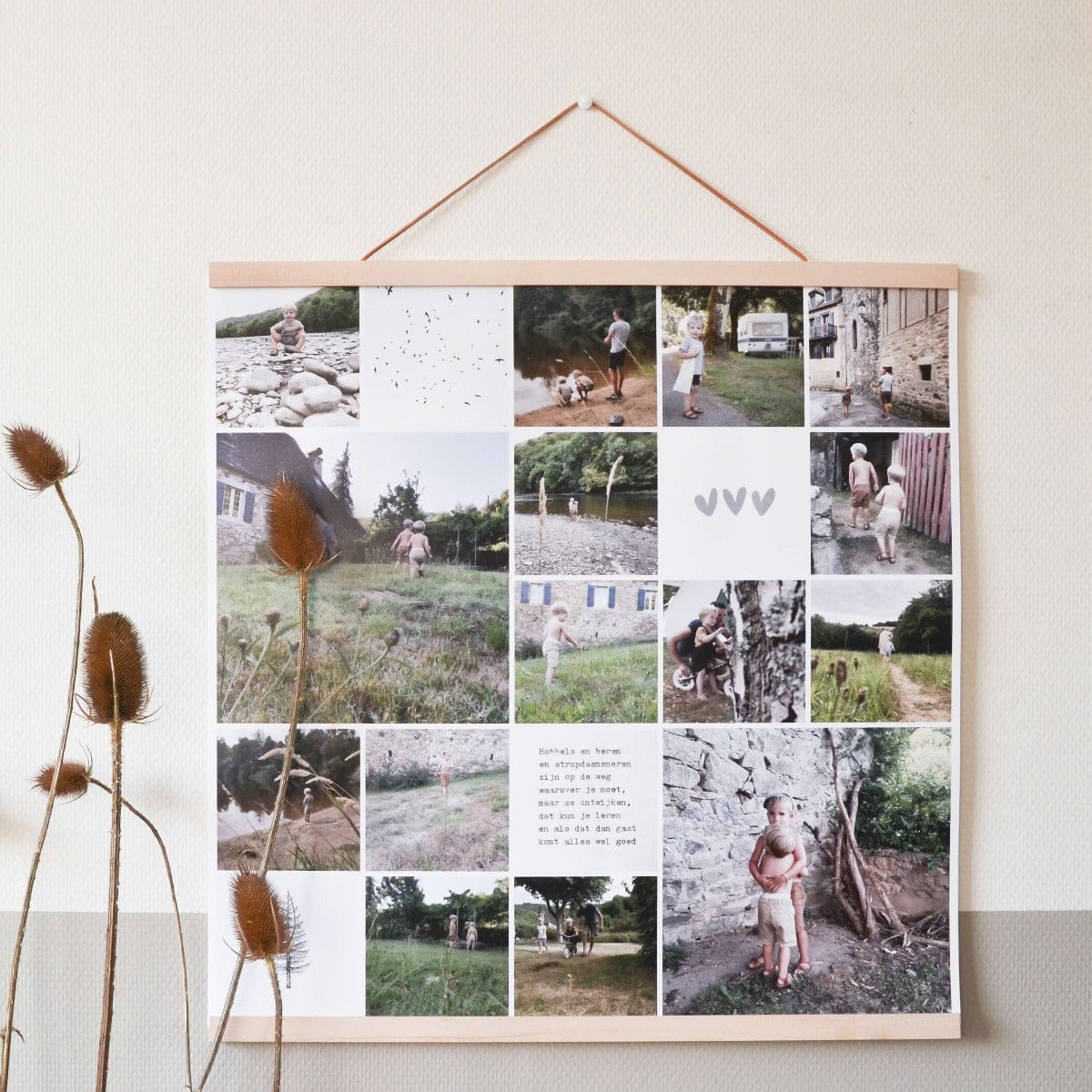 Instawall Print fotocollage op houten wanddecoratie met vele familiefoto’s