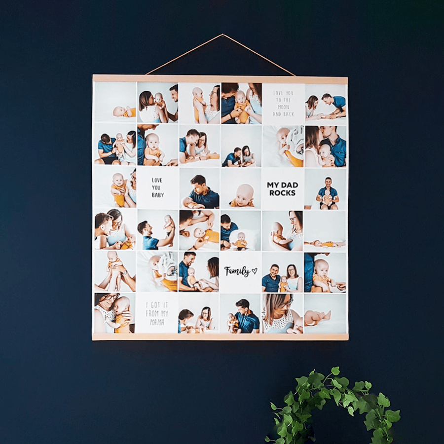 Instawall Print fotocollage als wanddecoratie in houten lijst 80x80 cm tegen een donkerblauwe muur