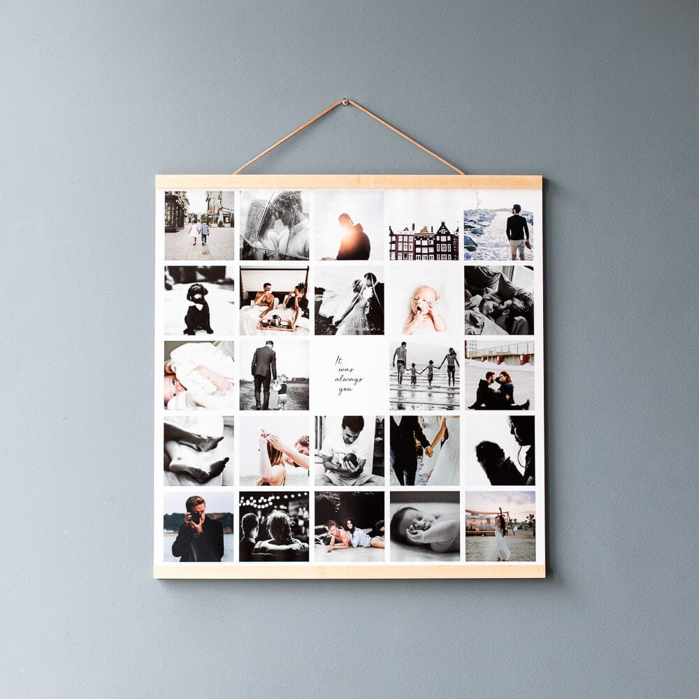 Instawall Print fotocollage met vele foto's in houten kader aan muur