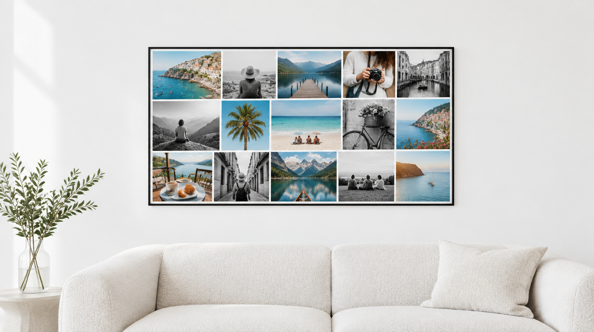 Photomontage sur toile avec châssis noir au-dessus d'un canapé clair