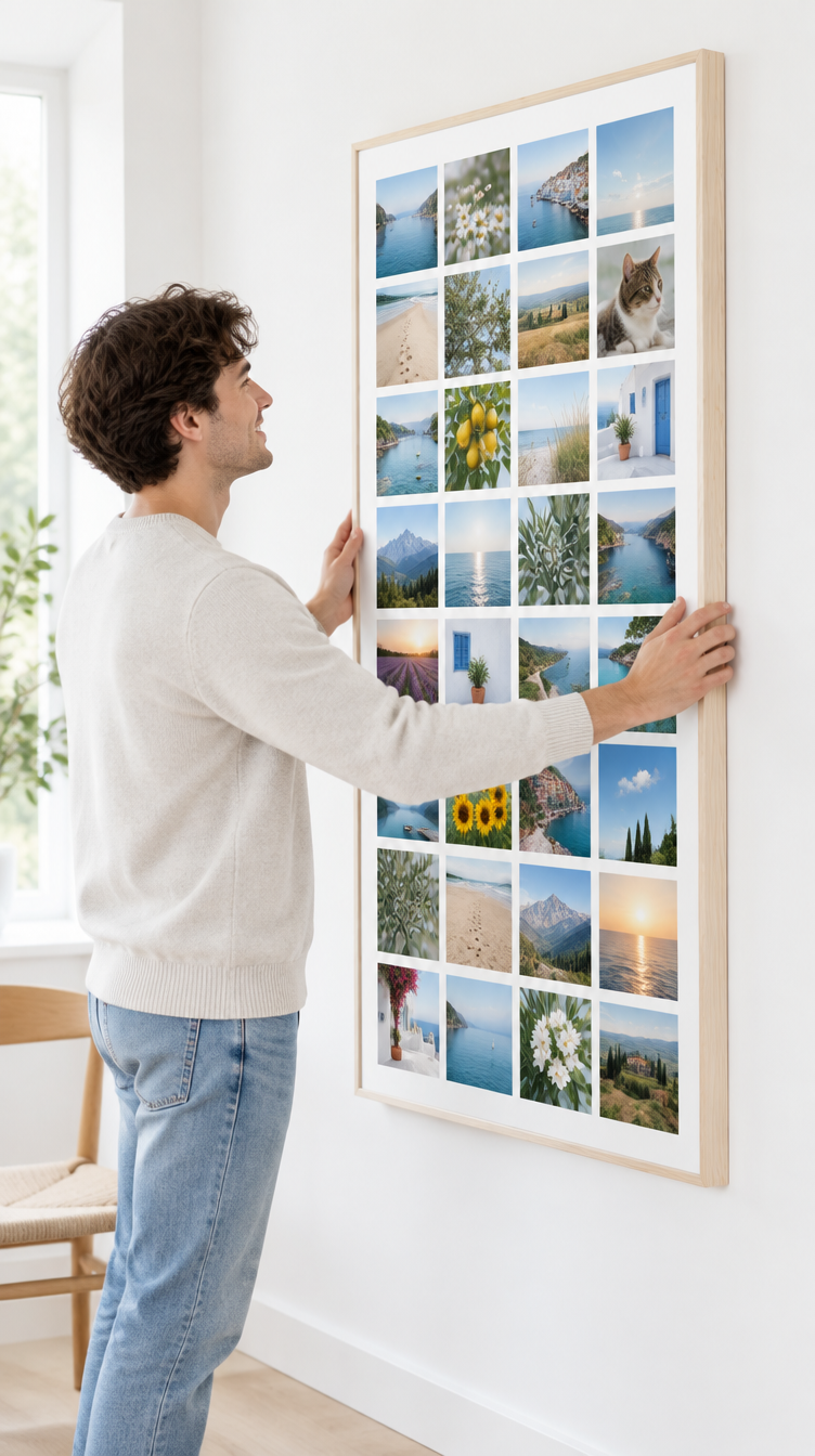 Un homme accroche la toile photo Instawall Canvas Tall avec châssis naturel au mur